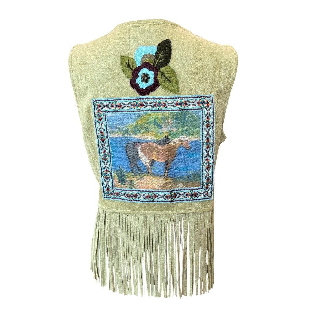 Lesal Up-cycled‎ Vocal Faux Suede Fringe Vest Horse Tapestry Embroidery Green L